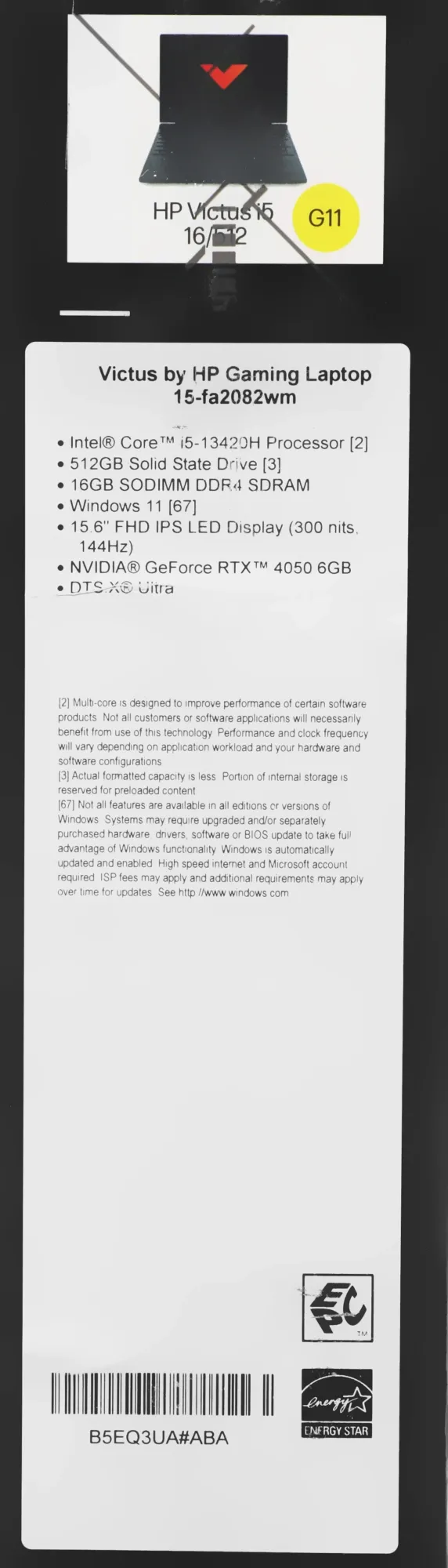 Ноутбук HP Victus 15-fa2082wm Core i5 13420H 16Gb SSD512Gb NVIDIA GeForce RTX4050 6Gb 15.6" IPS FHD (1920x1080) Windows 11 Home Multi Language silver WiFi BT Cam (B5EQ3UA)