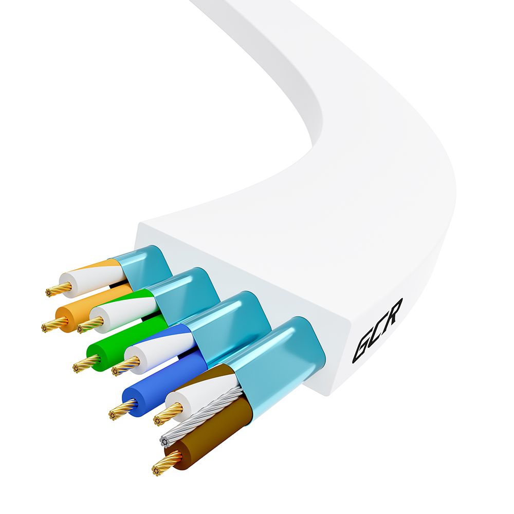 GCR Патч-корд LSZH PROF плоский прямой 0.3m, FTP, кат.8 ethernet, RJ45, медь, 30 AWG, белый, литой, экранированные коннекторы 24K GOLD, T568B
