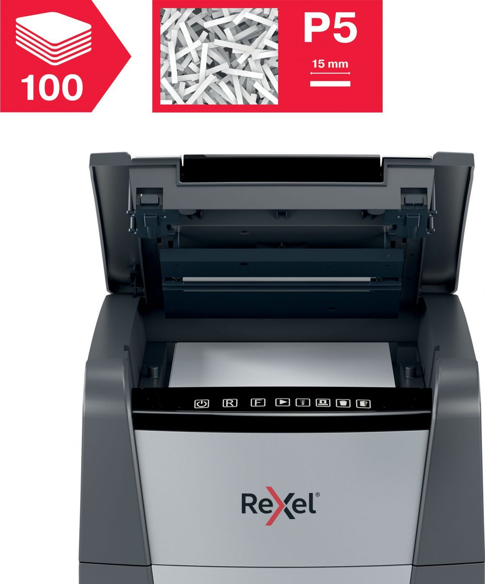 Шредер Rexel Optimum AutoFeed 100M черный с автоподачей (секр.P-5) фрагменты 100лист. 34лтр. скрепки скобы пл.карты