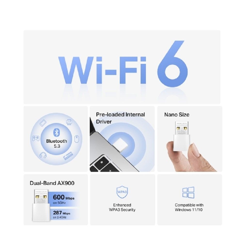 Mercusys MA60XNB Сверхкомпактный USB-адаптер с поддержкой Wi-Fi 6 AX900 и Bluetooth