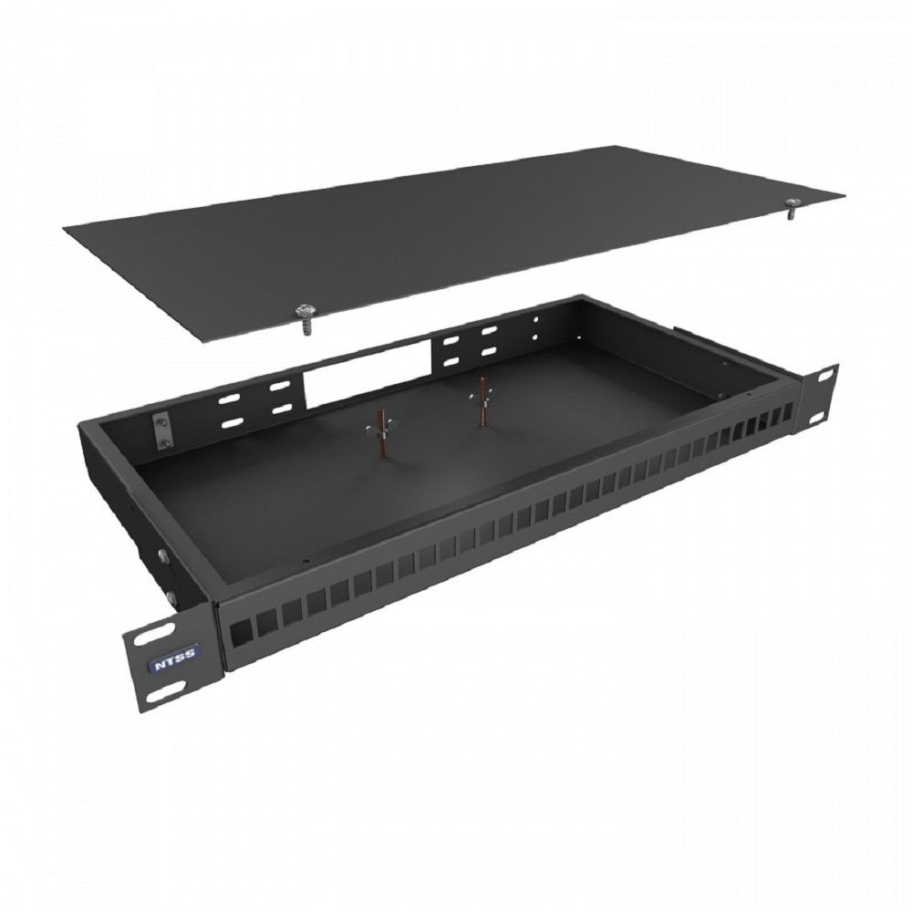 NTSS Кросс NTSS оптический 19'' укомплектованный 1U, 32 порта LC/UPC duplex, 50/125 мкм ОМ3 (сплошная панель, сплайс-кассета 2шт, пигтейлы, КДЗС, адаптеры) черный RAL 9005 NTSS-RFOB-1U-32-2LC/U-503-SP