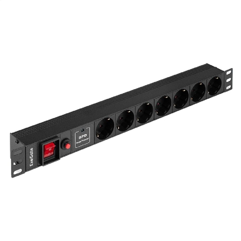 Exegate EX299607RUS Блок розеток с сетевым фильтром (Surge Protect), защитой от перегрузки и разъемом подключения C14 ExeGate ServerPro PDU-19H702 Al-7S-C14-SW-O-SPD1 (19", 1U, Алюминий, 7 Schuko, C14