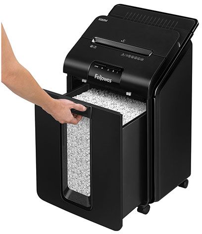 Шредер Fellowes AutoMax 100M с автоподачей (секр.P-4) фрагменты 100лист. 23лтр. скрепки скобы пл.карты