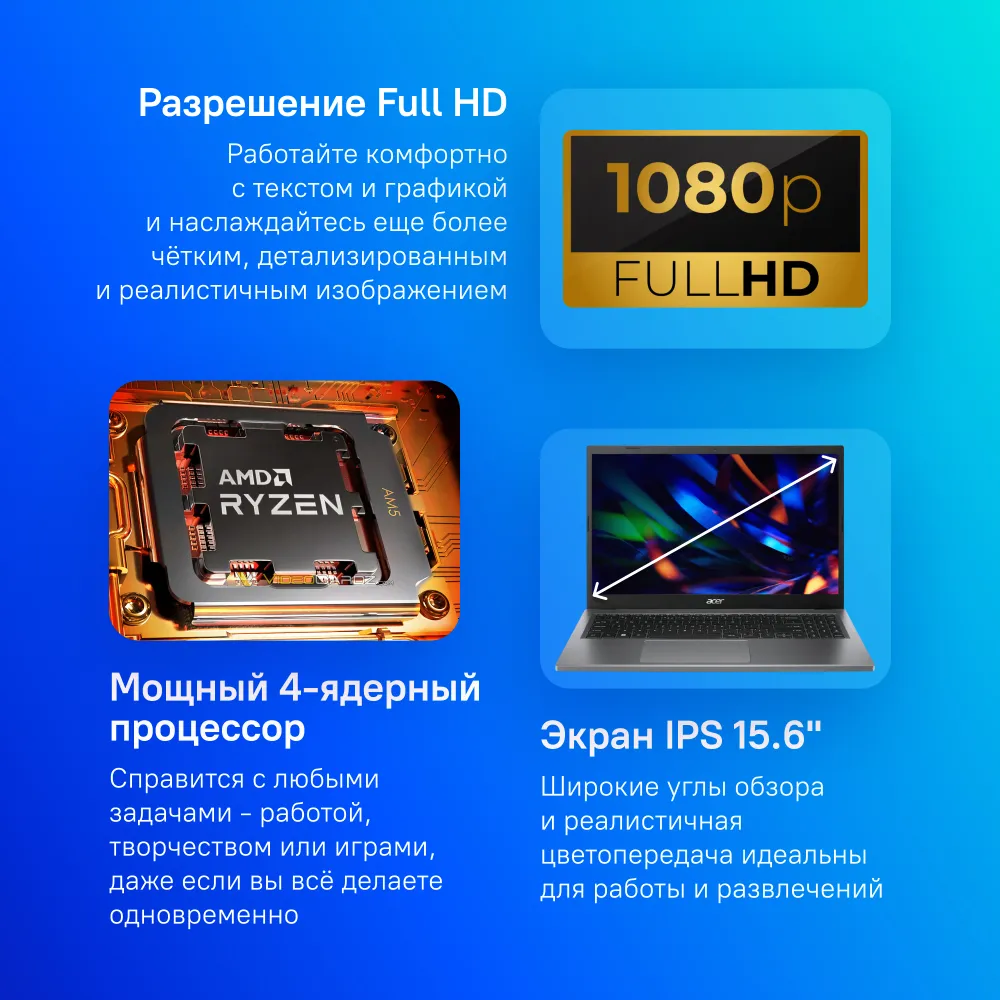 Acer Extensa 15 EX215-23-R0GZ [NX.EH3CD.002] Black 15.6" {FHD IPS Ryzen 5 7520U/ 8Gb/512GB SSD/ NoOS}