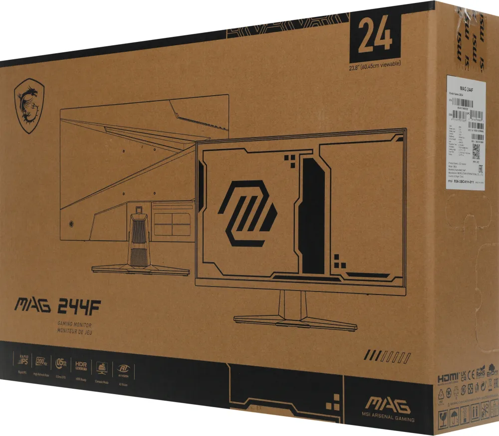Монитор 23.8" MSI MAG 244F Rapid IPS, 1920x1080, 200Hz, 0,5ms, 300сd/m, 1000:1, HDR | HDMI(2.0b), DP(1.2a) | ExPSU, Vesa 100, Black