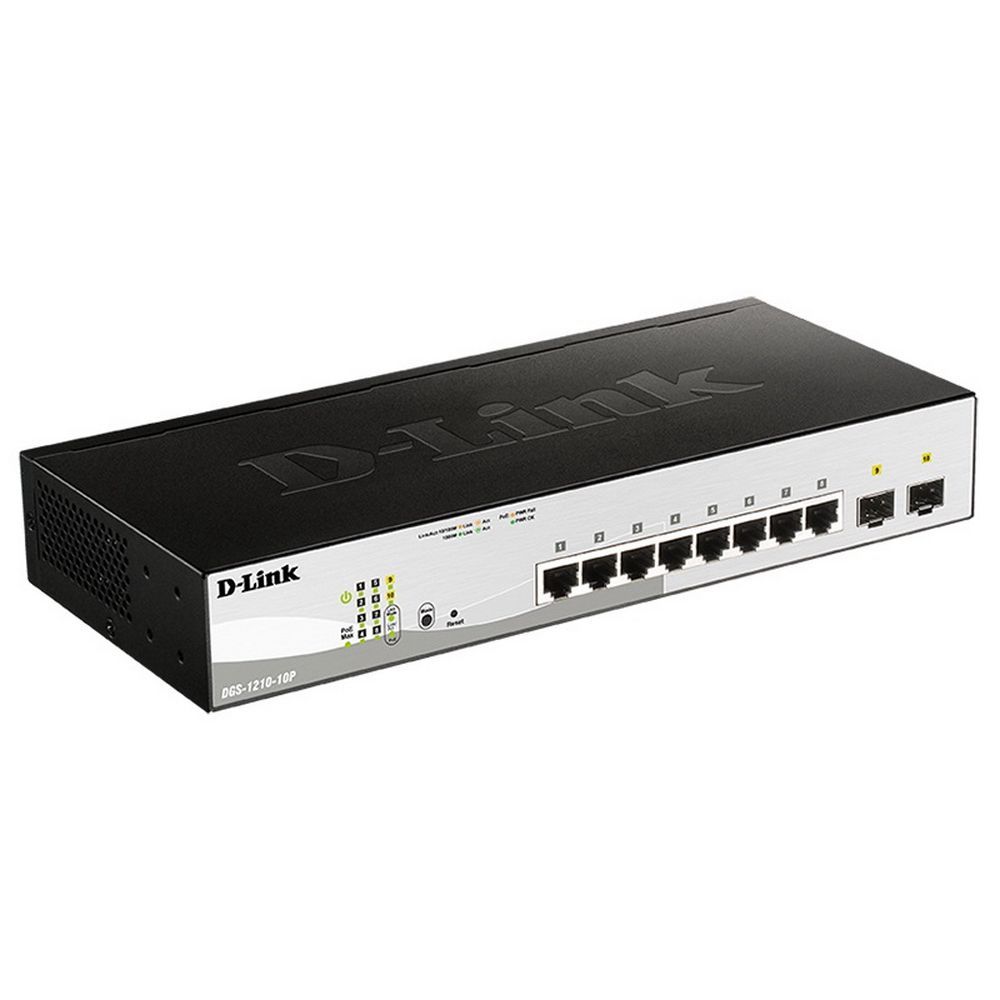 Коммутатор D-Link DGS-1210-10P/F3A Настраиваемый L2 коммутатор с 8 портами 10/100/1000Base-T и 2 портами 1000Base-X SFP (8 портов PoE 802.3af/at, PoE-бюджет 65 Вт)