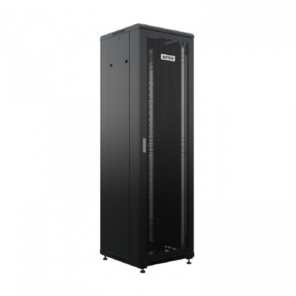 NTSS Шкаф напольный универсальный серверный NTSS R 18U 600х600мм, 4 профиля 19, двери перфорированная и сплошная металл, боковые стенки съемные, регулируемые опоры, разобранный, черный RAL 9005 NTSS-R