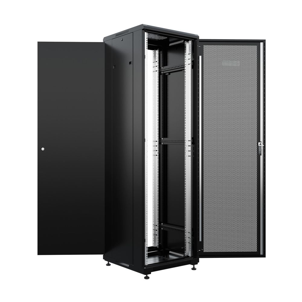 NTSS Шкаф напольный универсальный серверный NTSS R 18U 600х600мм, 4 профиля 19, двери перфорированная и сплошная металл, боковые стенки съемные, регулируемые опоры, разобранный, черный RAL 9005 NTSS-R