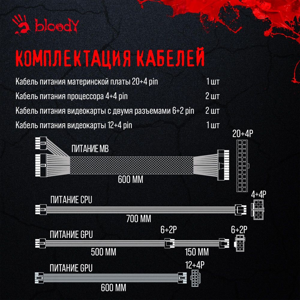 Блок питания Bloody ATX 750W BD-PS750G 80+ gold (20+4pin) APFC 120mm fan 6xSATA Cab Manag RTL