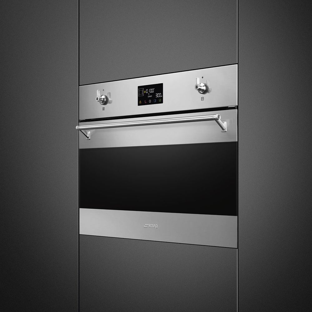 Встраиваемый духовой шкаф SMEG/ Встраиваемый духовой шкаф SMEG, 45 см, функция СВЧ, паровая очистка, 11 функций, дисплей, поворотные переключатели, таймер, блокировка управления, поддержание тепла, автоматическое выключение, Soft петли, 4 стекла в дверце,