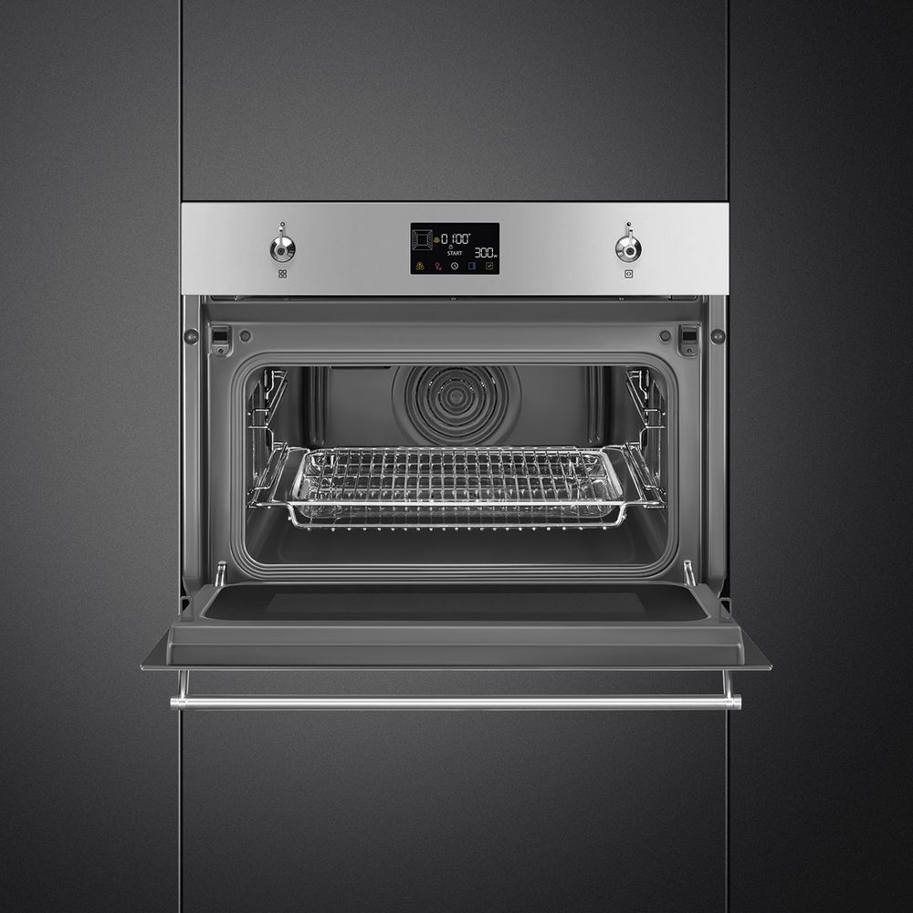 Встраиваемый духовой шкаф SMEG/ Встраиваемый духовой шкаф SMEG, 45 см, функция СВЧ, паровая очистка, 11 функций, дисплей, поворотные переключатели, таймер, блокировка управления, поддержание тепла, автоматическое выключение, Soft петли, 4 стекла в дверце,