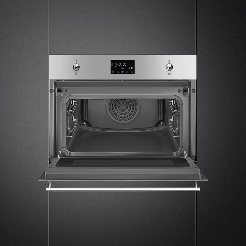 Встраиваемый духовой шкаф SMEG/ Встраиваемый духовой шкаф SMEG, 45 см, функция СВЧ, паровая очистка, 11 функций, дисплей, поворотные переключатели, таймер, блокировка управления, поддержание тепла, автоматическое выключение, Soft петли, 4 стекла в дверце,