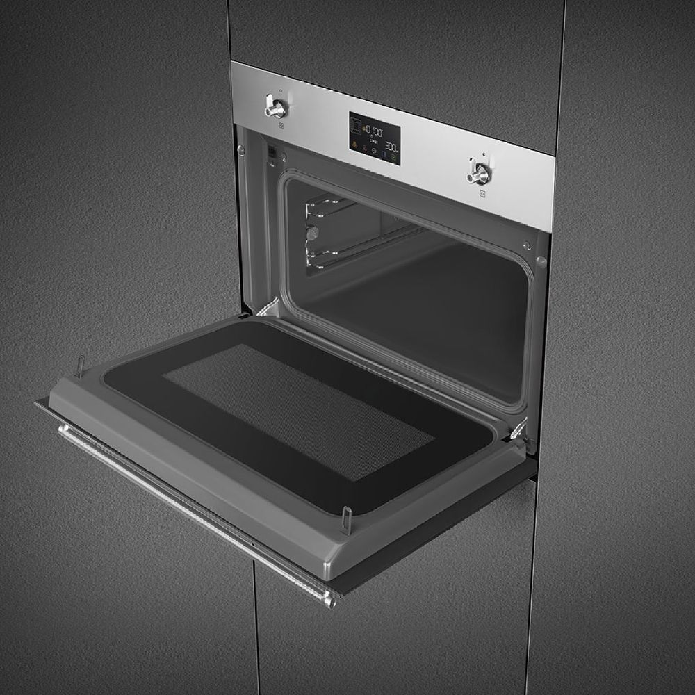 Встраиваемый духовой шкаф SMEG/ Встраиваемый духовой шкаф SMEG, 45 см, функция СВЧ, паровая очистка, 11 функций, дисплей, поворотные переключатели, таймер, блокировка управления, поддержание тепла, автоматическое выключение, Soft петли, 4 стекла в дверце,