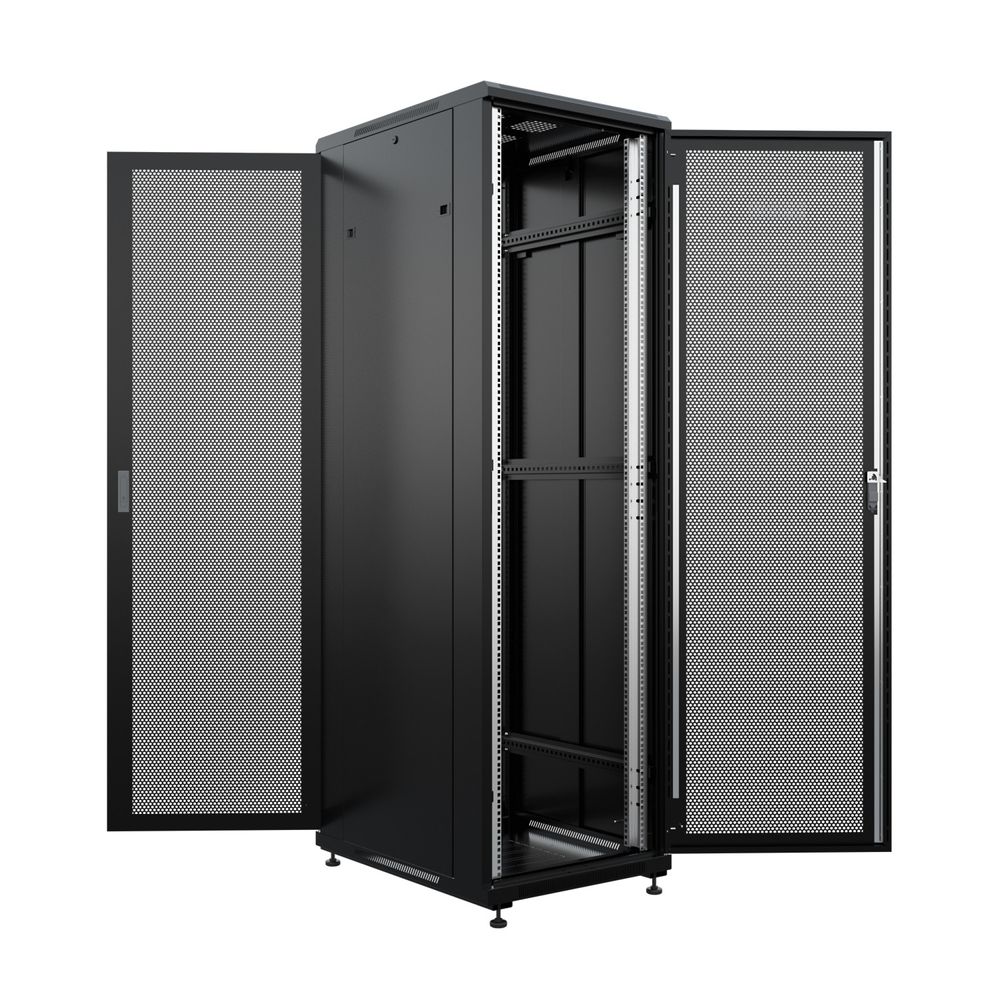 NTSS Шкаф напольный универсальный серверный NTSS R 42U 600х800мм, 4 профиля 19, двери перфорированная и перфорированная, боковые стенки съемные, регулируемые опоры, разобранный, черный RAL 9005 NTSS-R