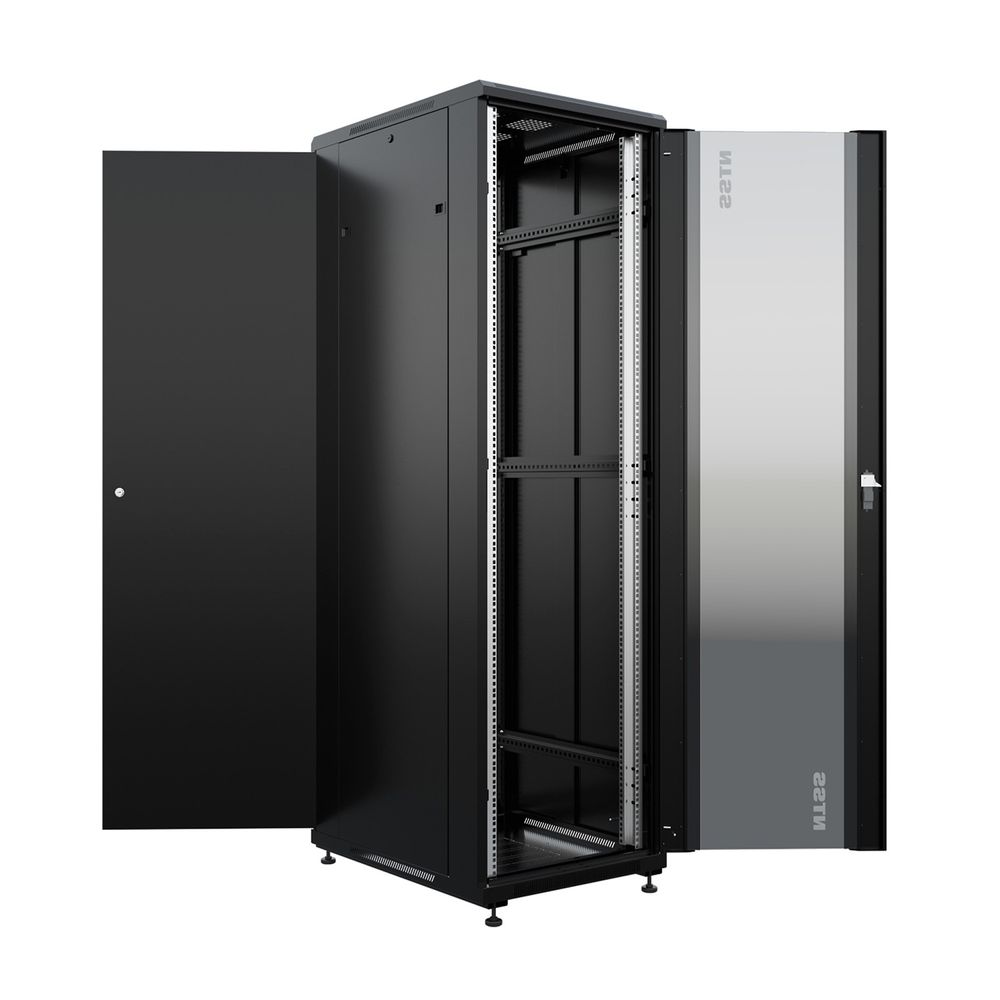 NTSS Шкаф напольный универсальный серверный NTSS R 18U 600х800мм, 4 профиля 19, двери стекло и сплошная металл, боковые стенки съемные, регулируемые опоры, разобранный, черный RAL 9005 NTSS-R18U6080GS
