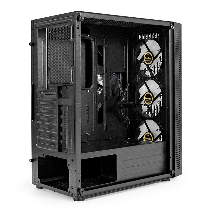 Exegate EX295766RUS Корпус Miditower ExeGate EVO-5001A (ATX, без БП, 2*USB+1*USB3.0+HD Audio, черный, 3 вент.12см с RGB подсветкой, боковая панель - закаленное стекло)