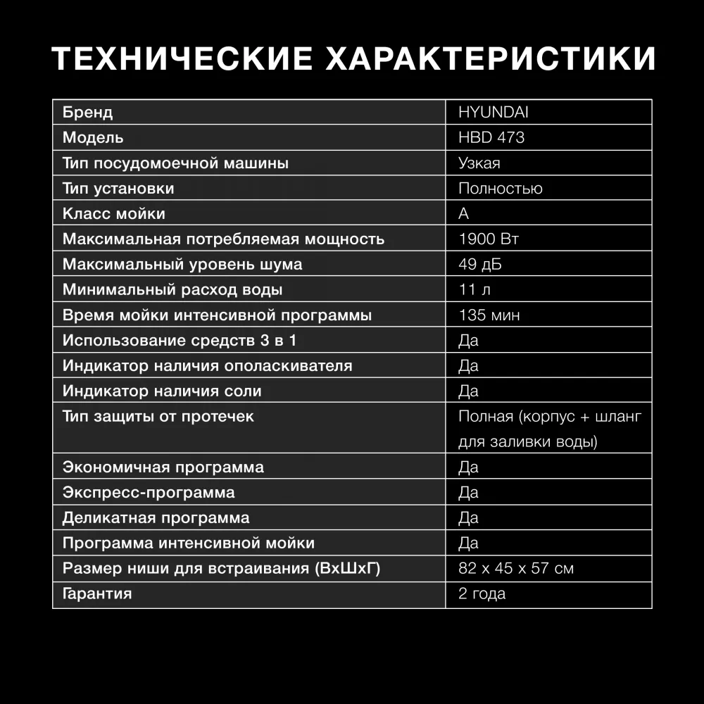 Посудомоечная машина встраив. Hyundai HBD 473 1900Вт узкая