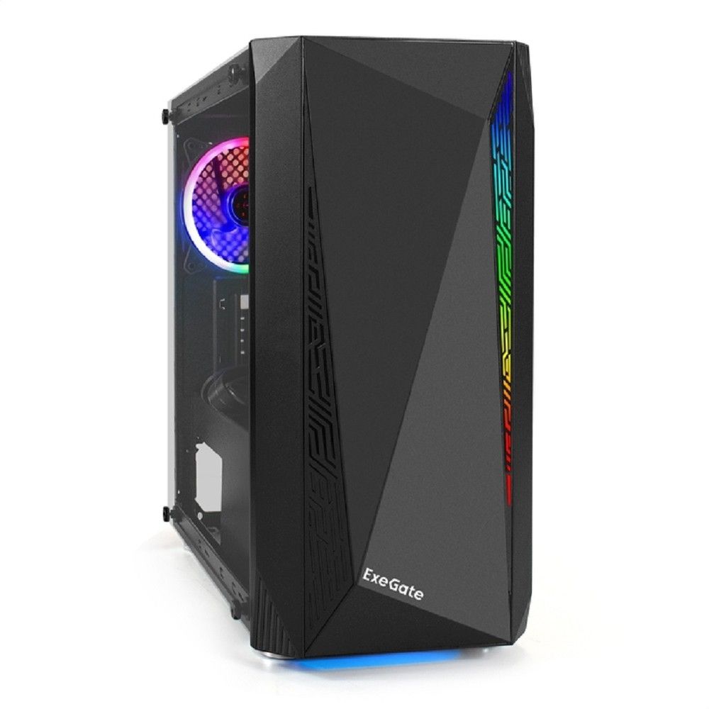 Exegate EX294472RUS Корпус Minitower ExeGate Mistery R2-NPX400 (mATX, БП 400NPX с вент. 12 см, 2*USB+1*USB3.0, аудио, черный, 1 вент. 12см с RGB подсветкой и полоса на передней панели, боковая панель