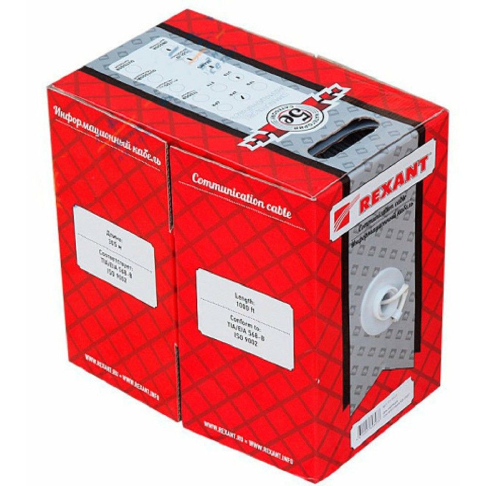 Rexant (01-0002) Кабель витая пара U/UTP, CAT 5e, PVC, 1PR, 24AWG, INDOOR, SOLID, серый, 305м