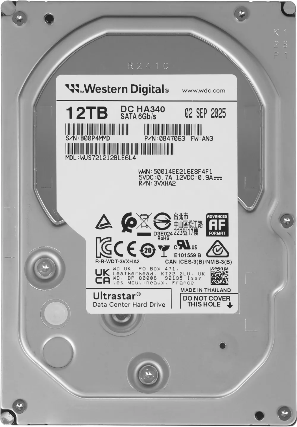 Жесткий диск WD SATA-III 12TB 0B47063 WUS721212BLE6L4 Ultrastar DC HC340 512E (7200rpm) 512Mb 3.5"