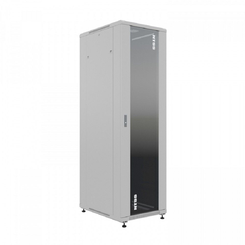 NTSS Шкаф напольный универсальный серверный NTSS R 42U 600х800мм, 4 профиля 19, двери стекло и сплошная металл, боковые стенки съемные, регулируемые опоры, разобранный, серый RAL 7035 NTSS-R42U6080GS-