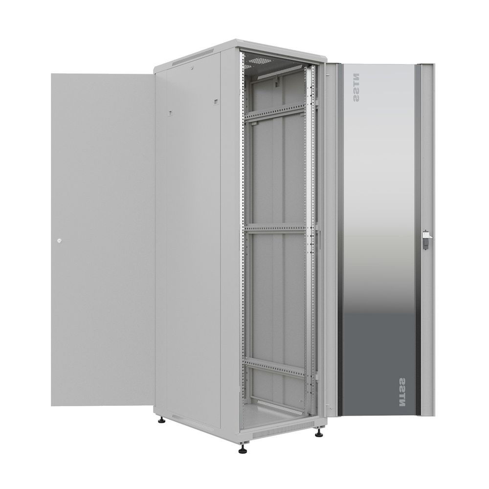 NTSS Шкаф напольный универсальный серверный NTSS R 42U 600х800мм, 4 профиля 19, двери стекло и сплошная металл, боковые стенки съемные, регулируемые опоры, разобранный, серый RAL 7035 NTSS-R42U6080GS-