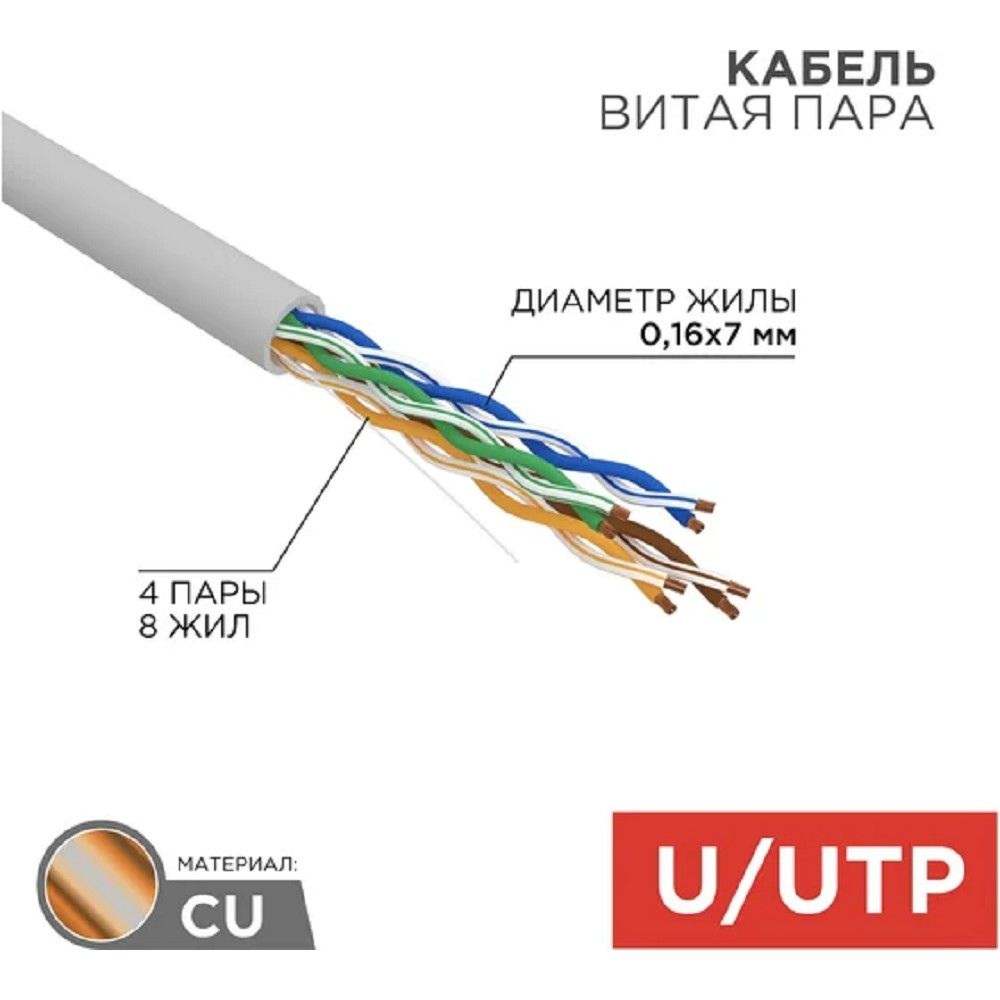 Rexant (01-0044) Кабель витая пара U/UTP, CAT 5e, PVC, 4PR, 24AWG, INDOOR, STRANDED, серый, 305м