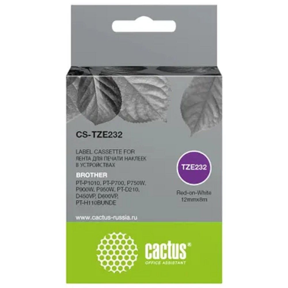 Картридж ленточный Cactus CS-TZE232 TZe-232 красный на белом 12x8 для Brother PT-P1010, PT-P700, P750W, P900W, P950W, PT-D210, D450VP, D600VP, PT-H110BUNDE
