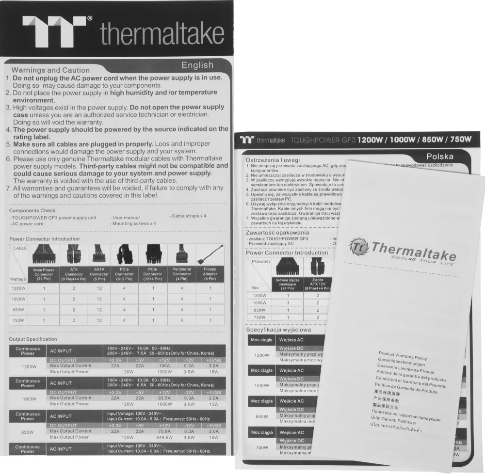 Блок питания Thermaltake ATX 1000W Toughpower GF3 80+ gold (24+4+4pin) APFC 140mm fan color LED 12xSATA Cab Manag RTL