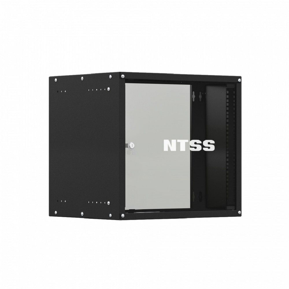 NTSS Шкаф настенный телекоммуникационный NTSS LIME 18U 550х450х900мм, 2 профиля 19, дверь стеклянная, боковые стенки несъемные, разобранный, черный RAL 9005 NTSS-WL18U5545GS-BL