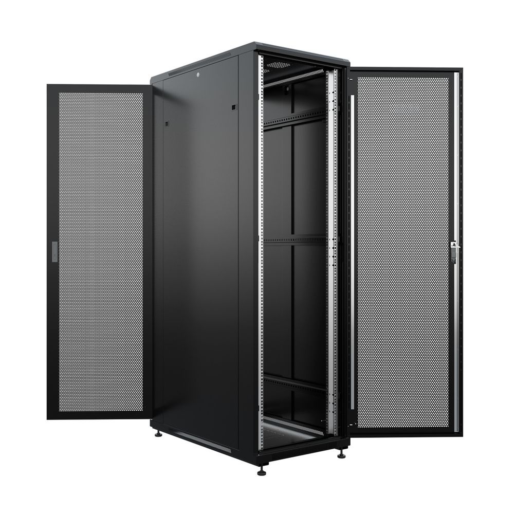 NTSS Шкаф напольный универсальный серверный NTSS R 47U 800х1000мм, 4 профиля 19, двери перфорированная и перфорированная, боковые стенки съемные, регулируемые опоры, разобранный, черный RAL 9005 NTSS-