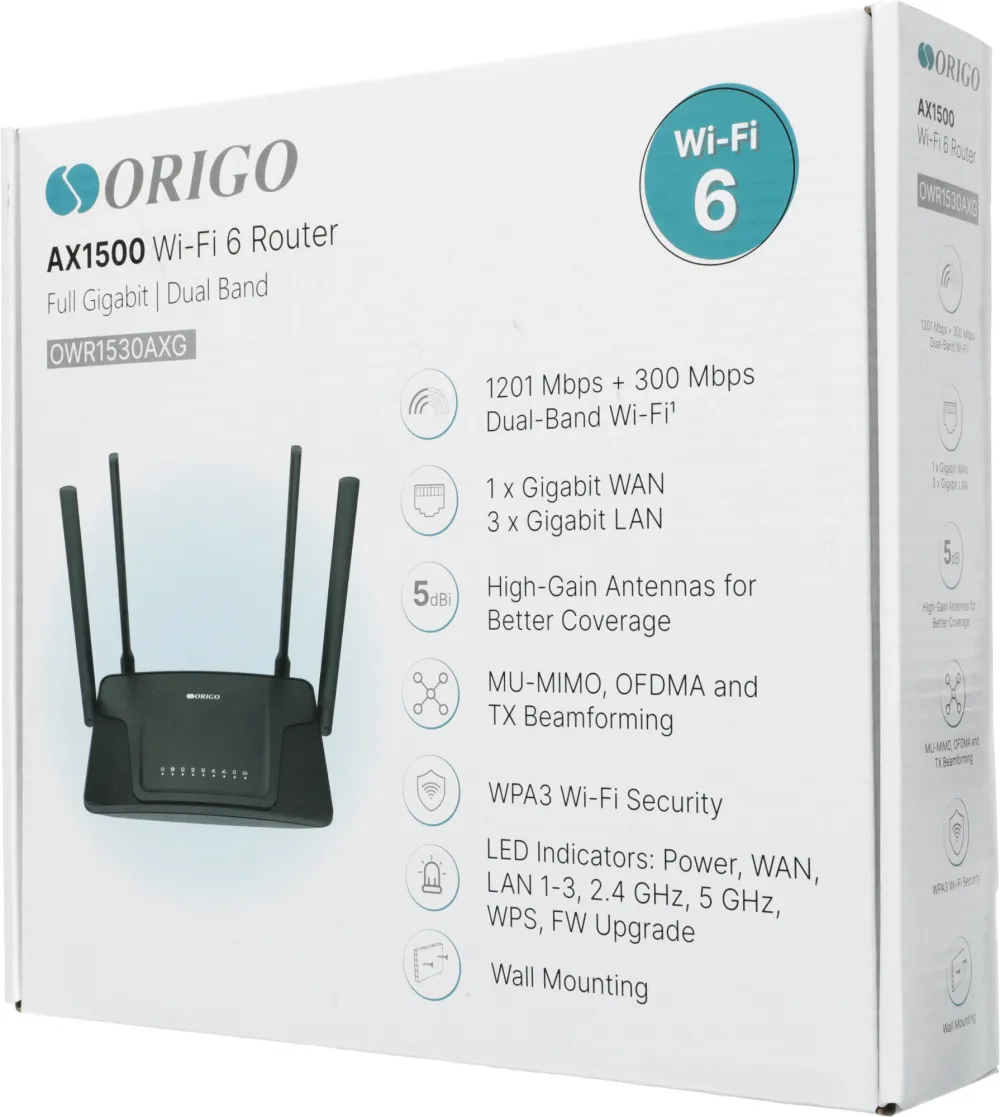 Маршрутизатор ORIGO OWR1530AXG/A1A Гигабитный Mesh Wi-Fi 6 маршрутизатор AX1500, 2.4/5ГГц, 1000Base-T WAN, 3x1000Base-T LAN