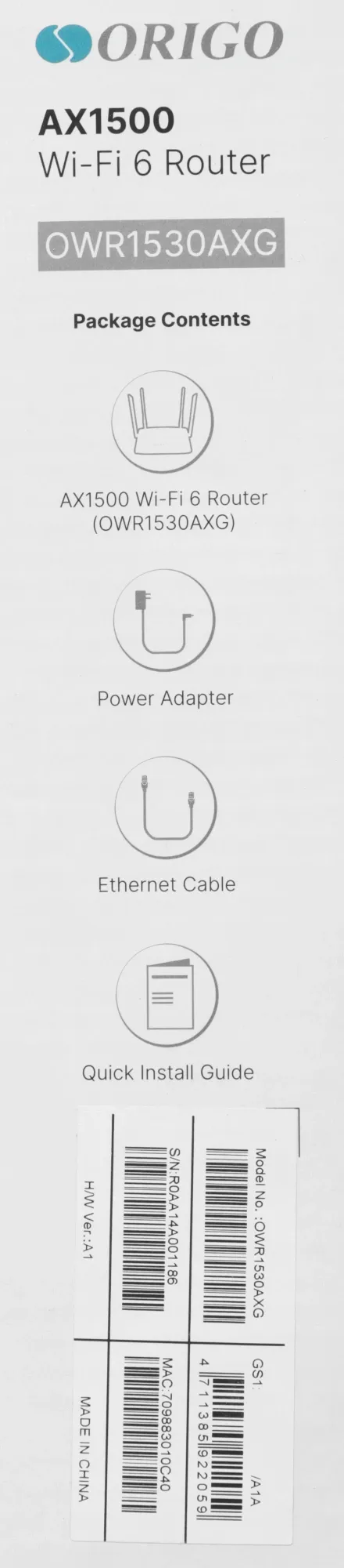Маршрутизатор ORIGO OWR1530AXG/A1A Гигабитный Mesh Wi-Fi 6 маршрутизатор AX1500, 2.4/5ГГц, 1000Base-T WAN, 3x1000Base-T LAN