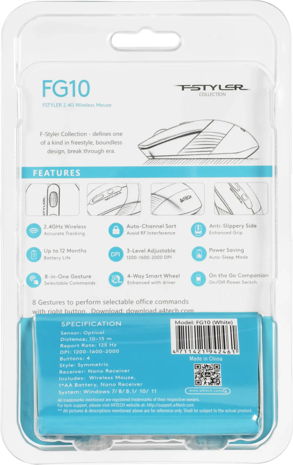 Мышь A4Tech Fstyler FG10 белый/серый оптическая 2000dpi беспров. USB 3but (FG10 WHITE)