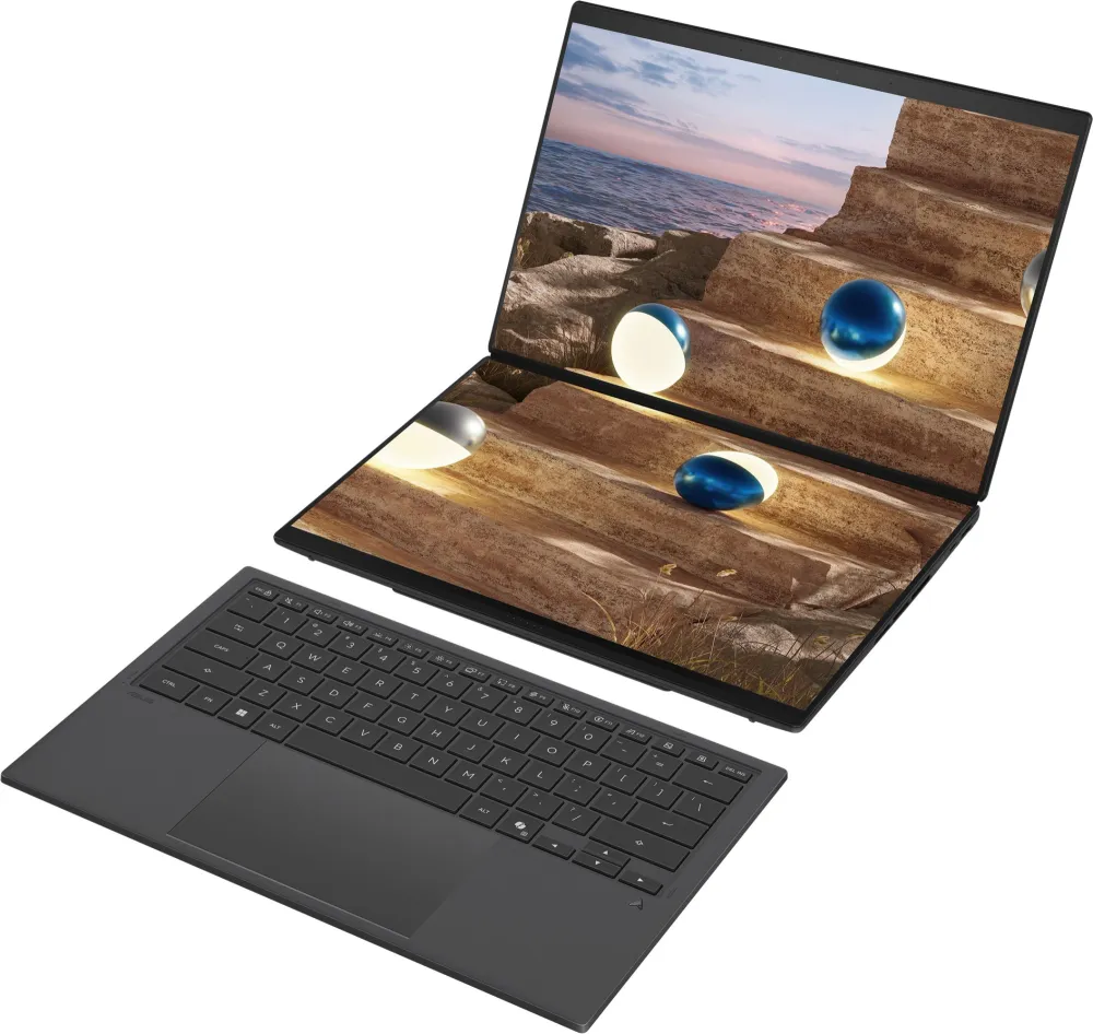 Ноутбук Asus ZenBook Duo UX8407AA-SN363X Core Ultra 9 386H 32Gb SSD1Tb Intel Graphics 14" OLED Touch 3K (2880x1800) Windows 11 Pro dk.grey WiFi BT Cam (90NB16V1-M00L90)