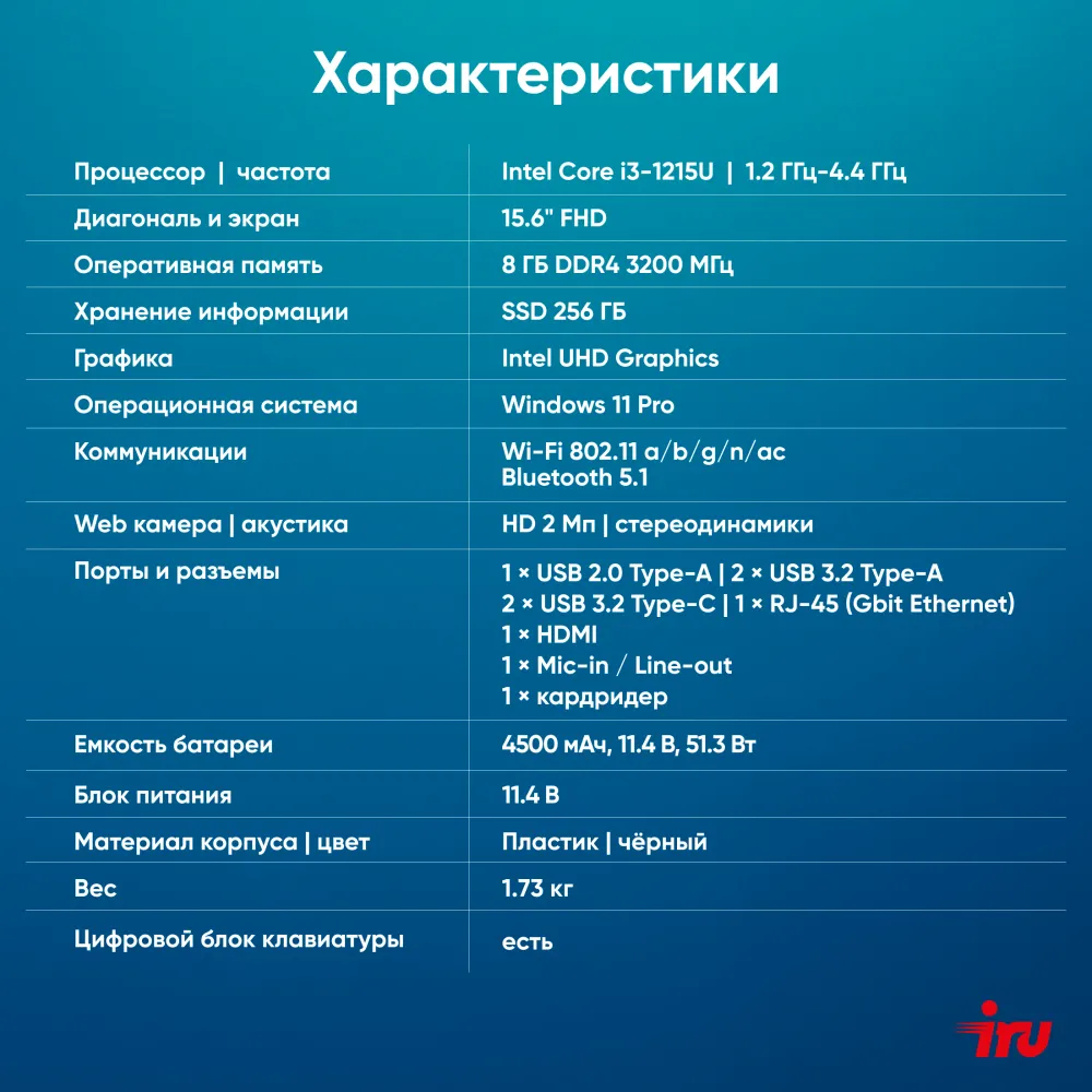 Ноутбук IRU Tactio 15ALG Core i3 1215U 8Gb SSD256Gb Intel UHD Graphics 15.6" IPS FHD (1920x1080) Windows 11 Pro 64 black WiFi BT Cam 4500mAh (2019263)