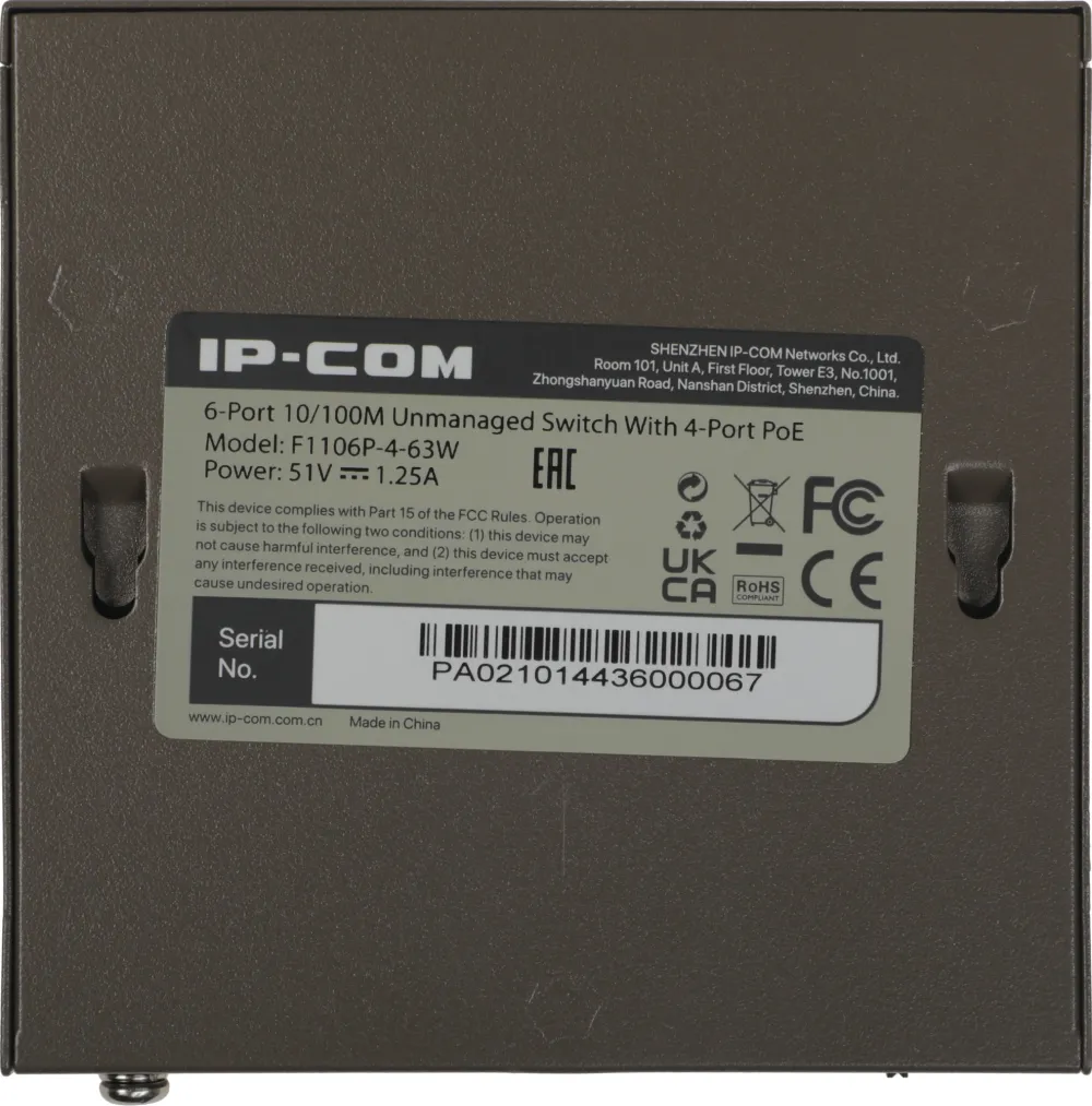 Коммутатор IP-Com F1106P-4-63W (L2) 6x100Мбит/с 4PoE 63W неуправляемый