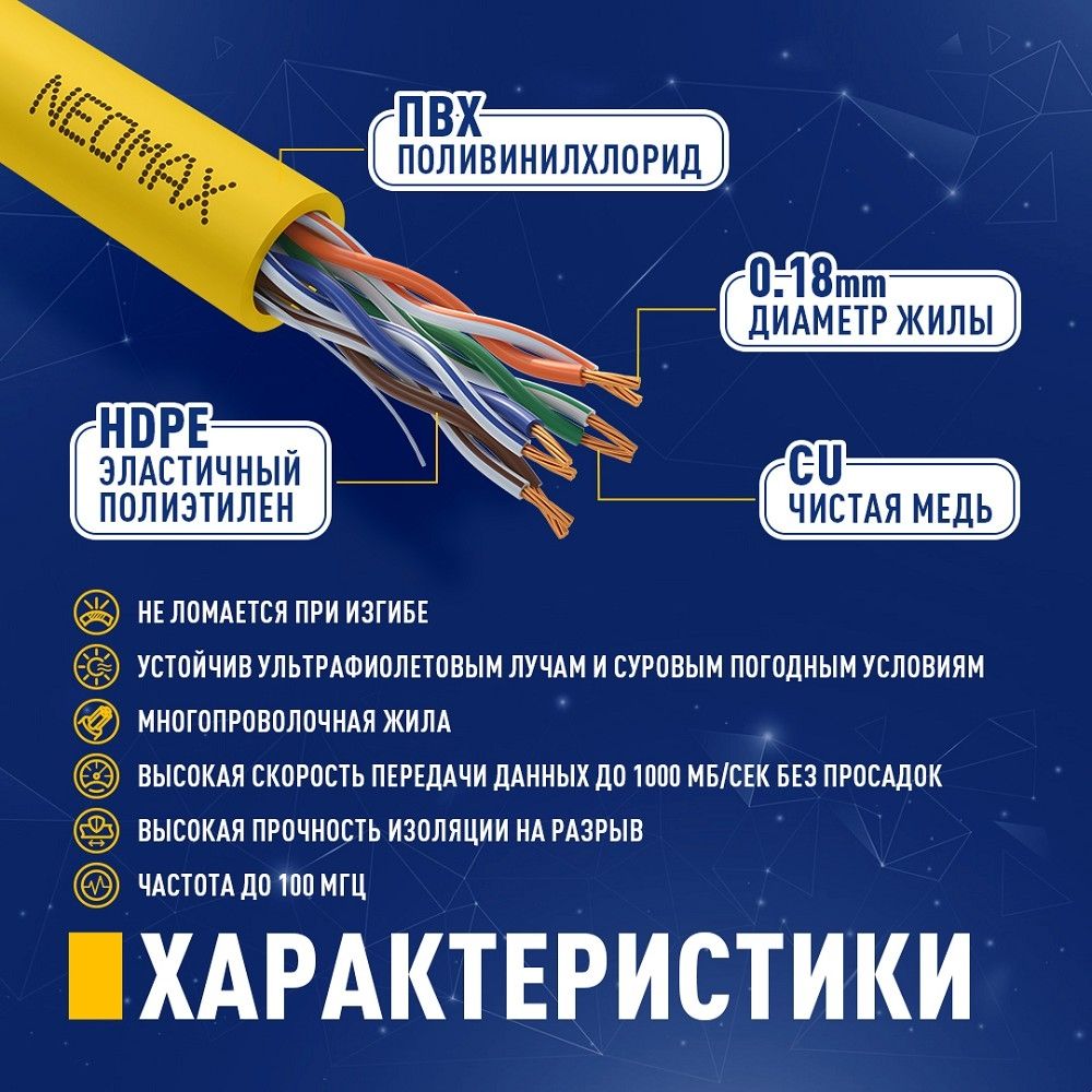 NEOMAX (NM13001-050Y) Шнур коммут. UTP 5 м, cat.5е, желтый, многожильный