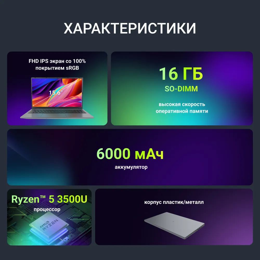 Ноутбук Digma Nova Ryzen 5 3500U 16Gb SSD512Gb AMD Radeon Vega 8 15.6" IPS FHD (1920x1080) Windows 11 Pro grey WiFi BT Cam 6000mAh (DN15R5-ADXW11)