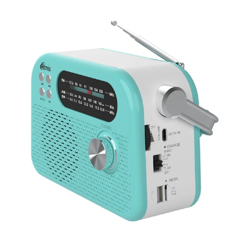 RITMIX RPR-045 AZURE {Радиоприёмник портатив. 3хдиапазонный FM/AM/SW, Bluetooth v.5.3, воспрс USB и с карт памяти micro SD (до 32Gb)}