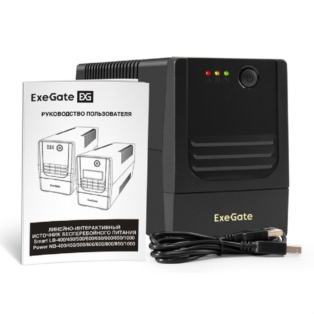 Exegate EX299481RUS ИБП ExeGate Power NB-500.LED.AVR.2SH.USB (500VA/300W, LED, AVR, 2*Schuko, USB, батарея 12V 4.5Ah, Black)