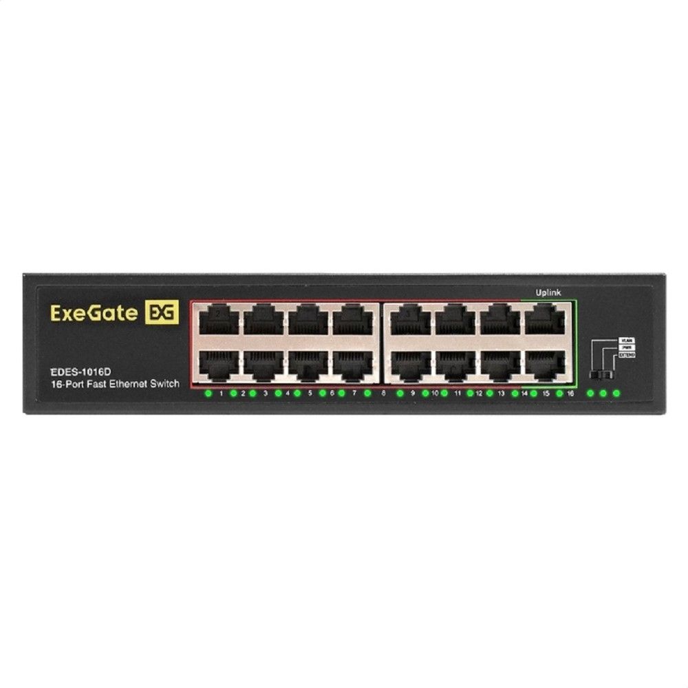 Exegate EX298691RUS Коммутатор неуправляемый ExeGate EDES-1016D (16-портовый UTP 10/100Mbps, металлический корпус, возможна установка в стойку и монтаж на стену)