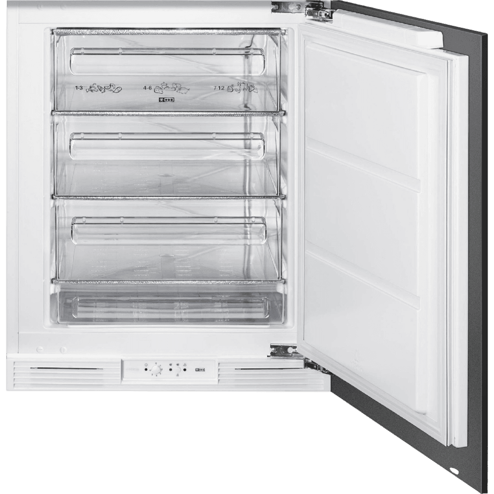 Морозильная камера Smeg/ Морозильная камера Smeg, ВхШхГ 819х596х547 мм, встраиваемая под столешницу, 82 см, полезный объем 95 л, электромеханический контроль температуры, световая индикация, стандартный компрессор, 3 ящика, дверной упор справа, цвет белый