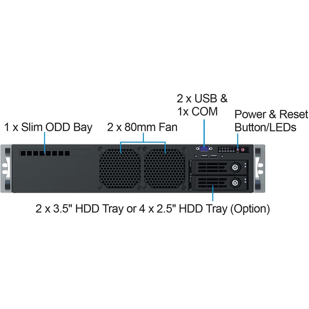 Серверный корпус/ 2U chassis; Micro-ATX, Mini-ITX MBs; 2 x 3.5" Swappable HDD Trays; 2 x 3.5" Internal HDD Trays; 1 x 2.5" Internal HDD Bay; USB3.0 ports on the front panel with USB3.0 Dual Port Cable; Slide Rail: AC-R50