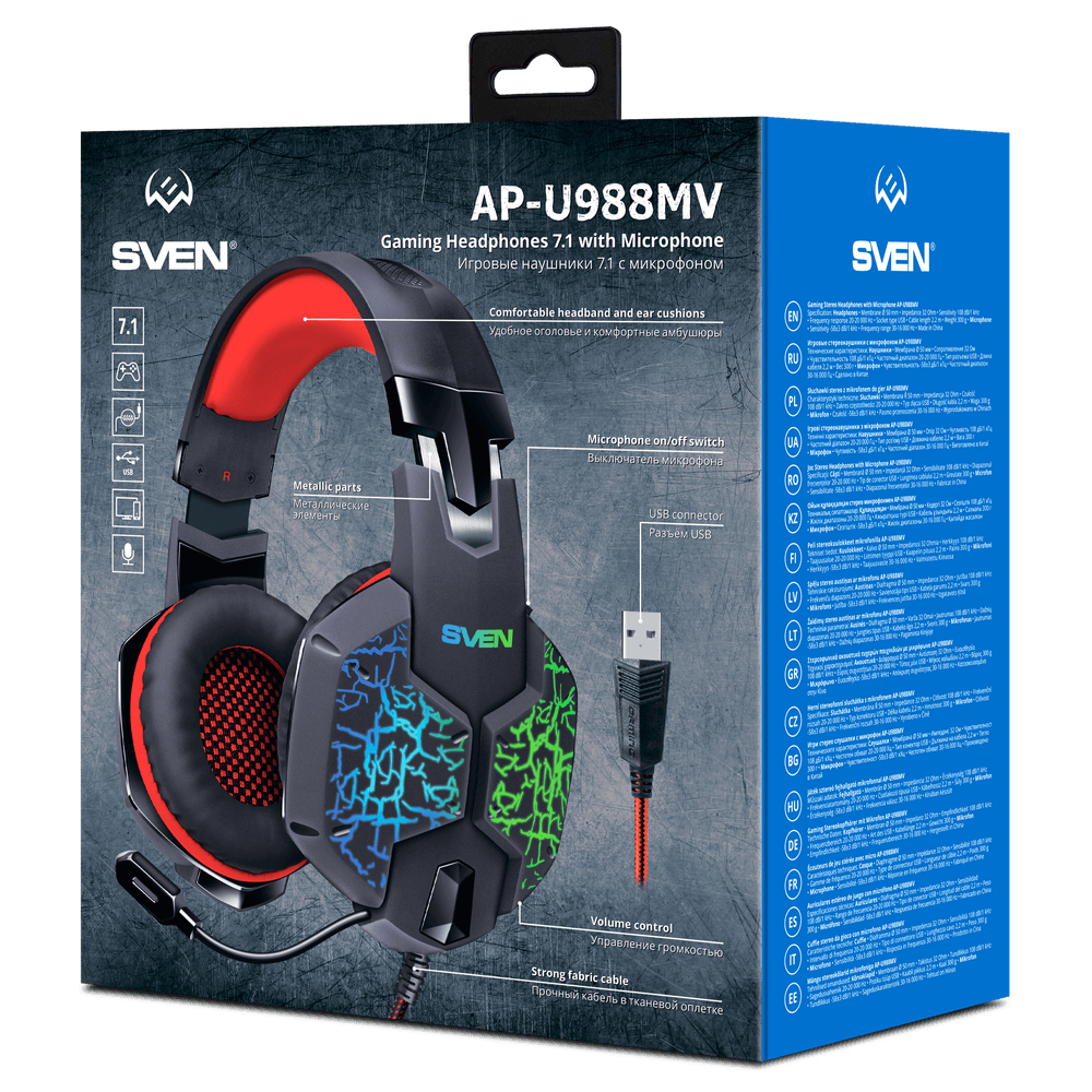 SVEN AP-U988MV черно-красный {с полноразмерными наушниками закрытого типа, встроенный регулятор громкости, подключение: 2 x mini jack 3.5 mm, частота воспроизведения 20-20000 Гц}