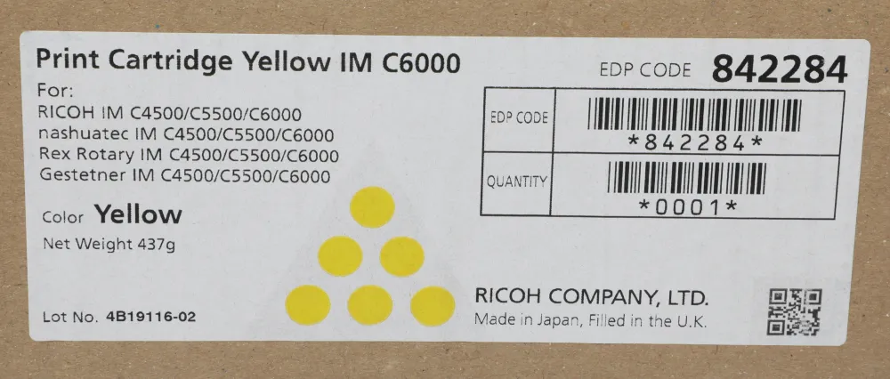 Тонер-картридж Ricoh IM C6000 IM C4500/C5500/C6000 желтый (842284) 38,8K