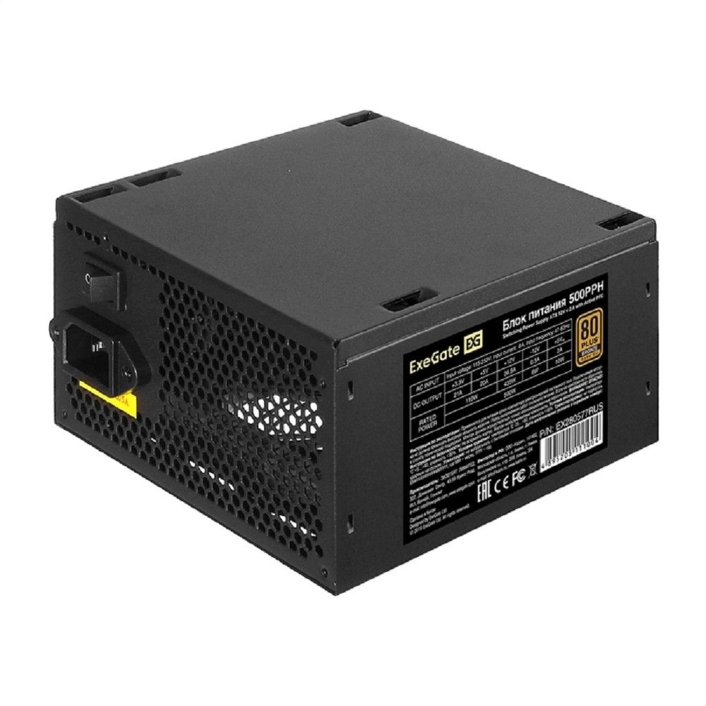 Блок питания 500W ExeGate 80 PLUS® Bronze 500PPH (ATX, APFC, КПД 88% (80 PLUS Bronze), 12cm fan, 24pin, 2x(4+4)pin, 4xPCI-E, 6xSATA, 3xIDE, black, Color Box)