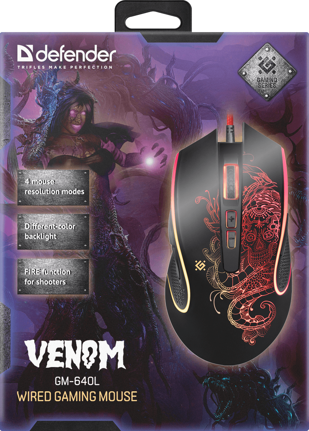 Мышь Defender Venom GM-640L черный оптическая 7200dpi USB 7but (52640)