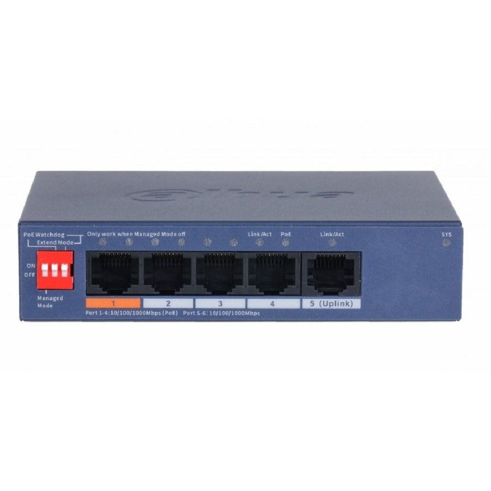 DAHUA DH-CS4005-4GT-60 4-портовый гигабитный PoE коммутатор с функцией облачного управления, 4 RJ45 10/100/1000Мбит/с (PoE/PoE+/Hi-PoE), 1 RJ45 10/100/1000Мбит/с (uplink), суммарно 60Вт