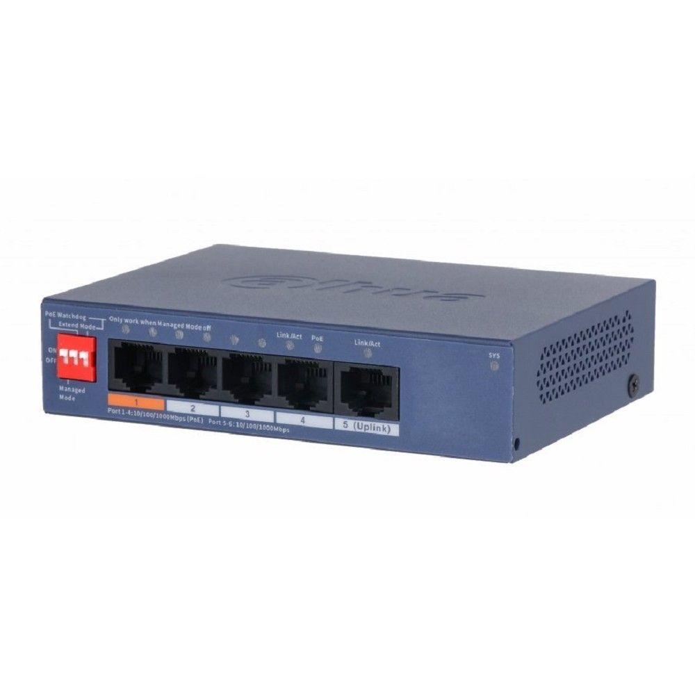 DAHUA DH-CS4005-4GT-60 4-портовый гигабитный PoE коммутатор с функцией облачного управления, 4 RJ45 10/100/1000Мбит/с (PoE/PoE+/Hi-PoE), 1 RJ45 10/100/1000Мбит/с (uplink), суммарно 60Вт